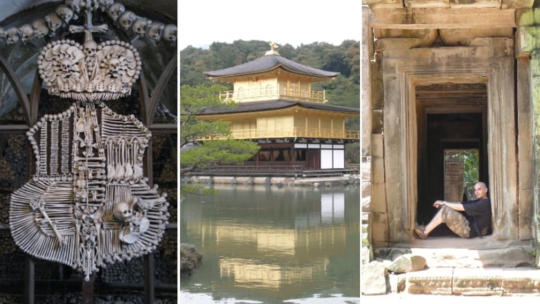 Photos of human bones arranged into a crest, a golden temple on the edge of a pond and an old stone temple with long tunnels. 