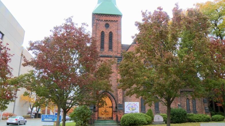 A church surrounded by trees