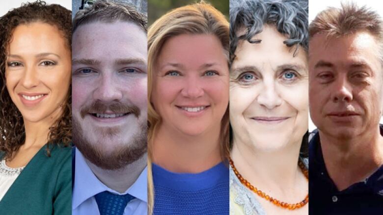 Portraits of five people side-by-side: woman, man, woman, woman, man.