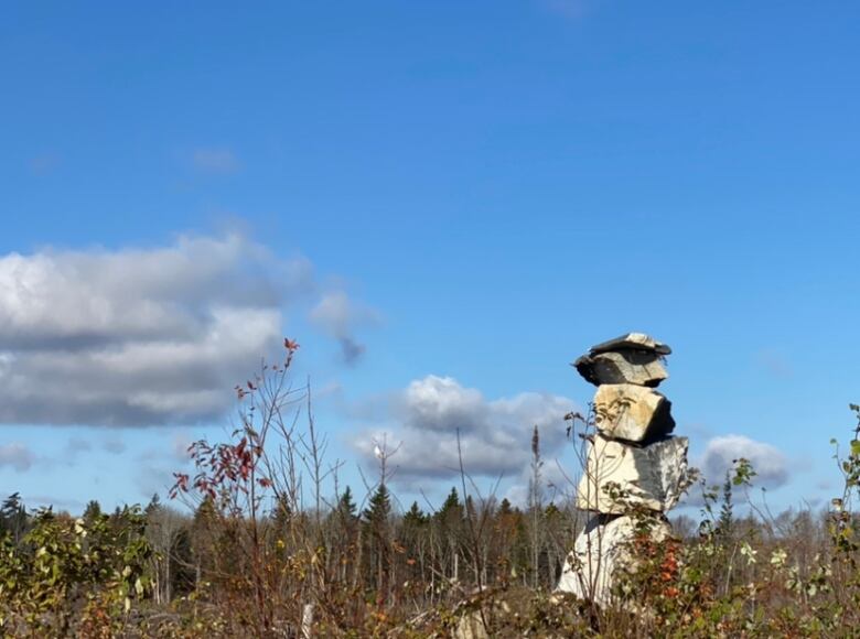 A pile of rocks called an inukshuk stands in a forest clearing.