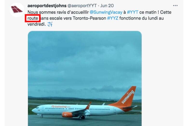 A poorly translated tweet from St. John's International Airport showing a photo of an airplane.