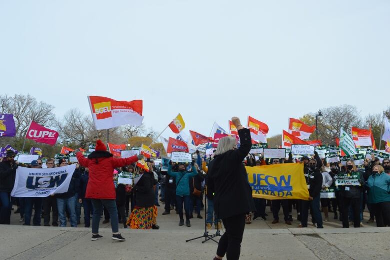 Protestors led by the Saskatchewan Federation of Labour protest in front of the provincial legislature on Oct. 27, 2022