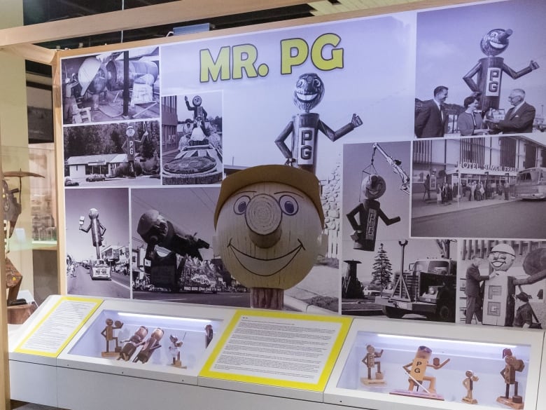 A museum exhibit showing different versions of Mr. PG.