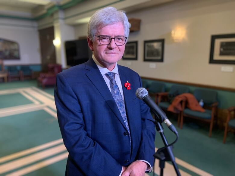 A person in a suit wearing a poppy stands at a microphone.