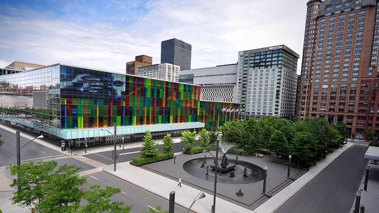 Exterior shot of multicoloured building.