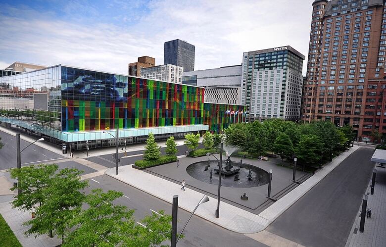 Exterior shot of multicoloured building.