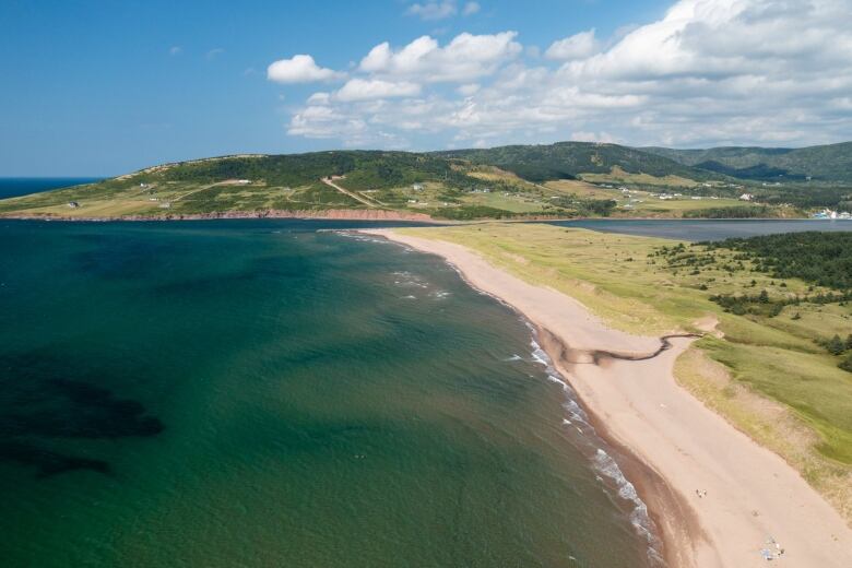 An aerial view of a beach.