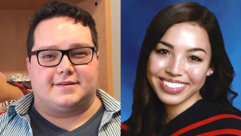 Two portraits side-by-side, a man on the left, woman on right.