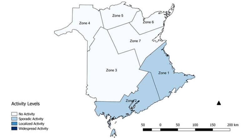 A map of New Brunswick with all health zones illustrated in white, except zones 1 and 2, which are coloured in blue.