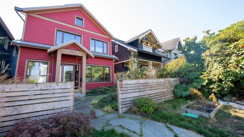 A red single-family home stands in a row of houses.