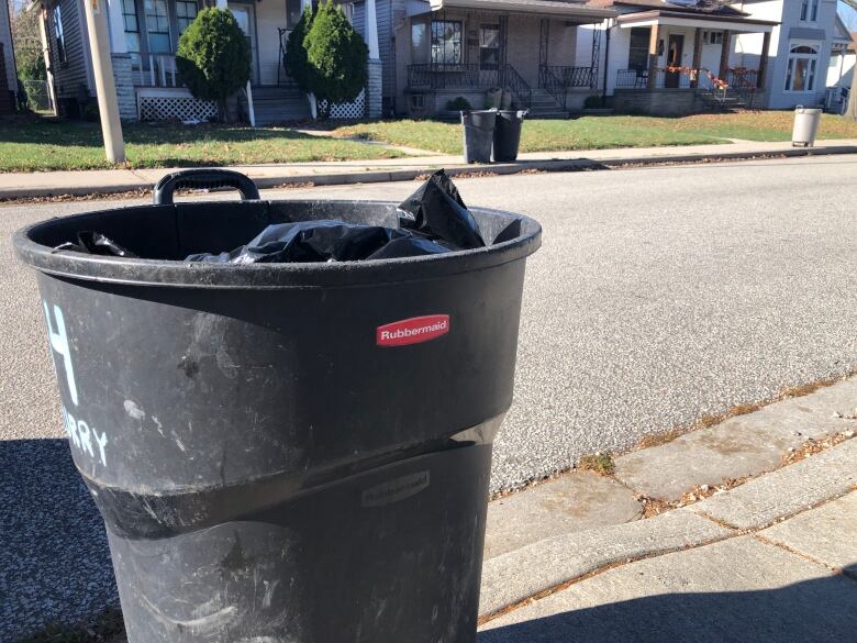 Garbage bins wait at the curb on Curry Ave.