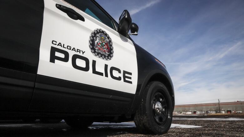 The front bumper of a police car is seen.