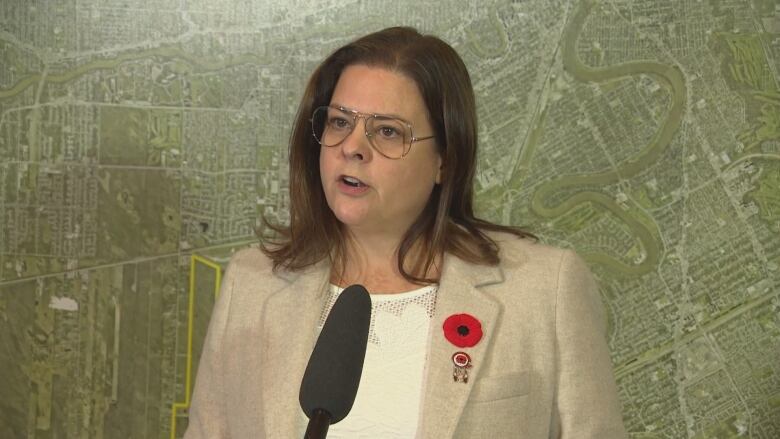 A woman with glasses and brown hair speaks into a microphone. She wears a poppy on her lapel and stands in front of a background of a map.