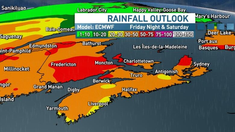 A diagram showing a rainfall outlook for Friday and Saturday night.30 to 50 mm of rain is expected over most of Nova Scotia and eastern PEI. Between 50 to 75 mm of rain is expected over most of southeastern New Brunswick and western PEI.