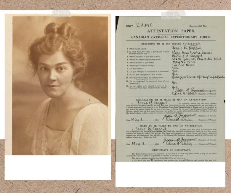 Archival photo and documents about a young nurse.