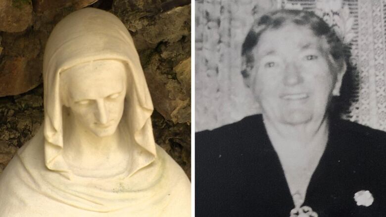 Two photos, a statue of Saint Anne, patron saint of mothers, and Margaret OBrien an elderly woman smiling in an old photograph.