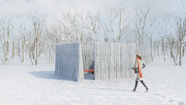 A woman walks past a warming hut made of ice in an artist's rendering.