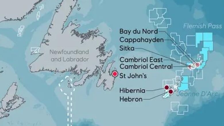 A map depicts offshore oil exploration sites off the Newfoundland coast.