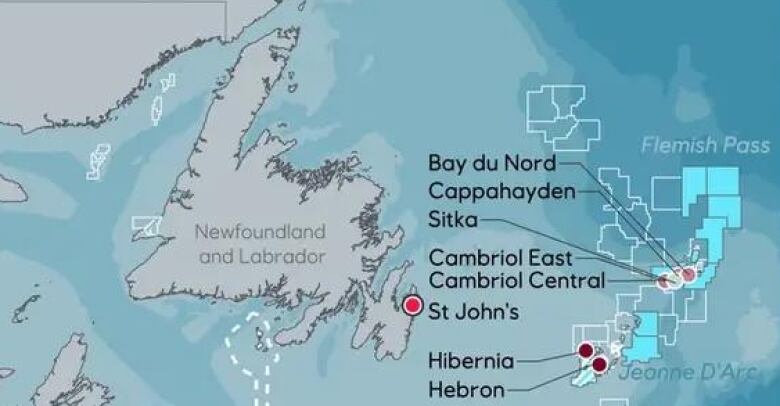 A map depicts offshore oil exploration sites off the Newfoundland coast.