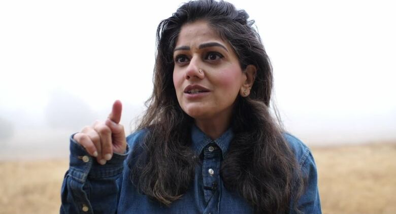 Artist Divya Mehra raises a finger as she speaks, wearing a denim shirt and an inquisitive look on her face.