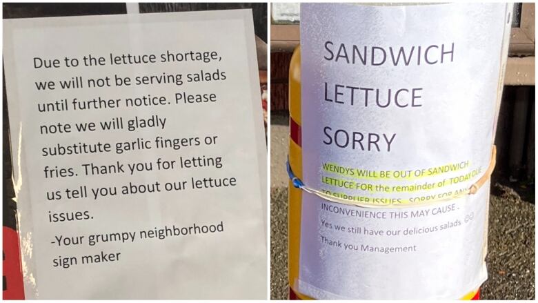 Two photos joined side by side. The photo on the right features a sign strapped to a pole. The sign on the left says 