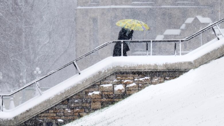 Someone raises an umbrella against the snow while walking up some stairs.