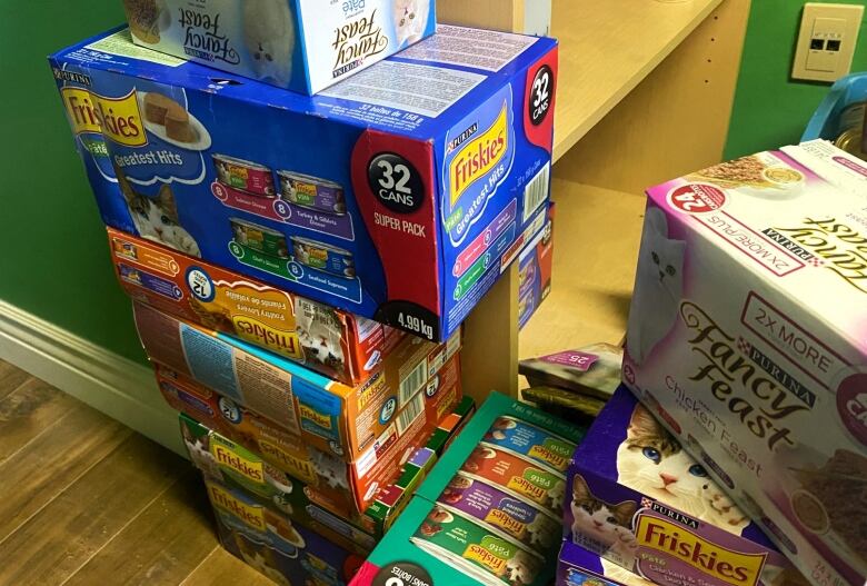 Boxes of cat food are loosely stacked on top of one another in front of a green painted wall.