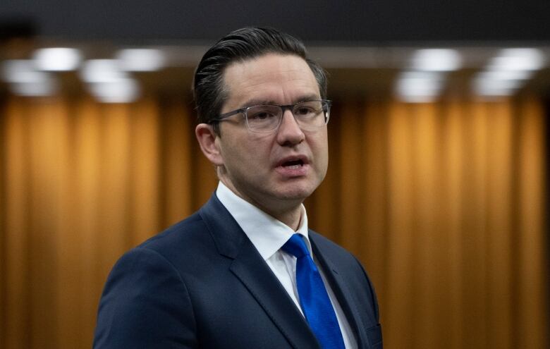 A man in a suit and a blue tie with glasses stands in a Parliamentary chamber.