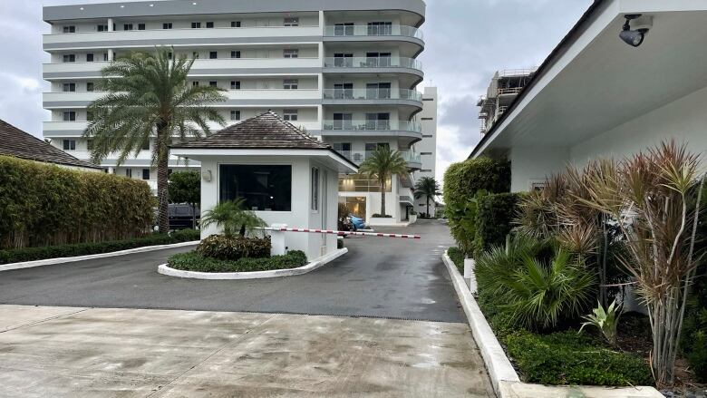 The entrance to the condominium complex ONE Cable Beach, a beachfront residence in New Providence, Bahamas. 