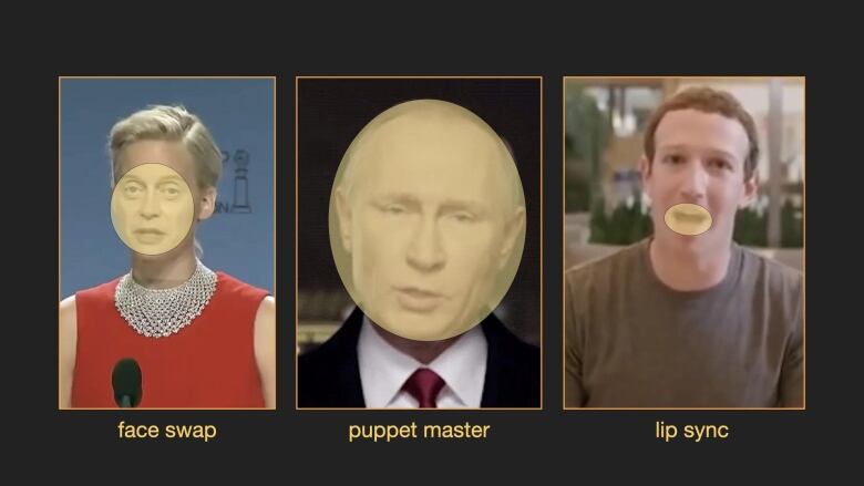 Three portrait images showing a woman who has had her face changed using AI, picture of Vladimir Putin with his face circled and an image of Mark Zuckerberg with his mouth circled.