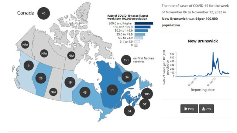 A map of Canada showing each province's rate of COVID-19 cases per 100,000.