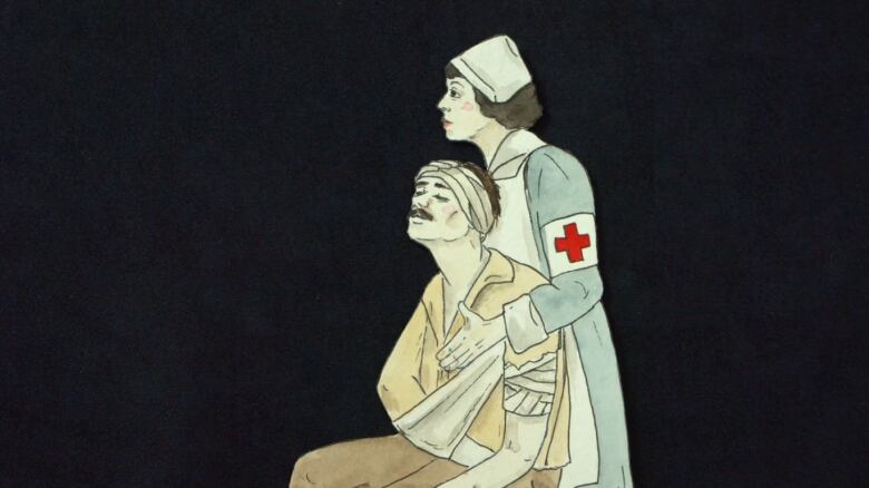 Illustration of a nurse caring for an injured soldier.