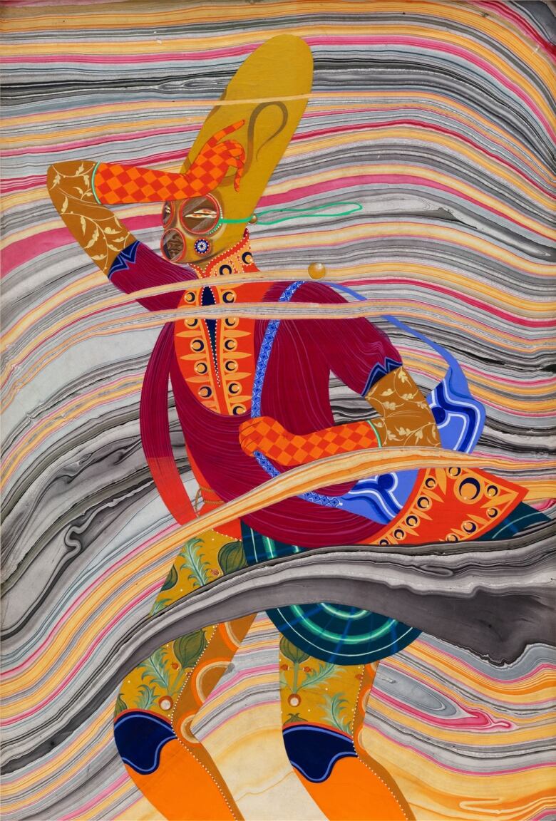 Painting by Rajni Perera. Mixed media on marbled paper. Deptics an ochre-skinned mutant humanoid wearing clashing colourful prints and a tall golden gas mask. The marbled paper creates the illusion of movement or blowing colourful sand, which the figure appears to move through with some difficulty.