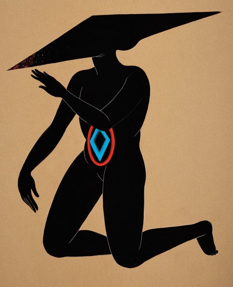 Artwork by Rajni Perera. Mixed media on millboard. Depicts a kneeling humanoid figure in all black silhouette. Its head is a long diamond shape, almsot suggesting a rip in the fabric of the world. A simple geometric design in red and electric blue illustrates its abdomen.