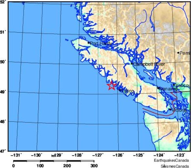 A red star on a map shows the approximate location of an earthquake on Nov. 25, 2022.