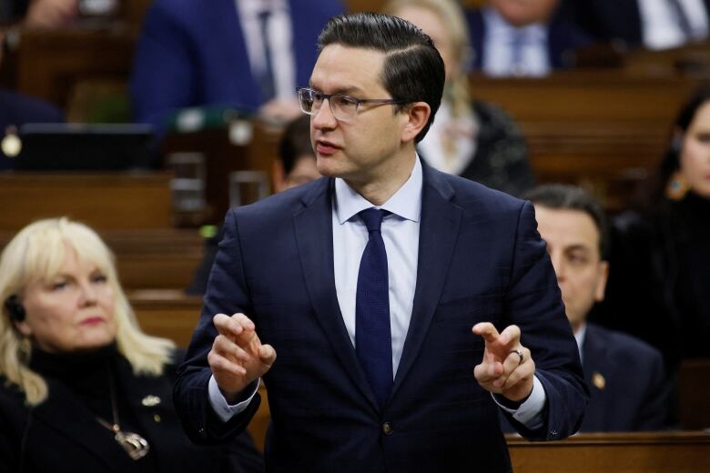 A politician bends his fingers to make the 'air quotes' gesture while speaking in a legislature.