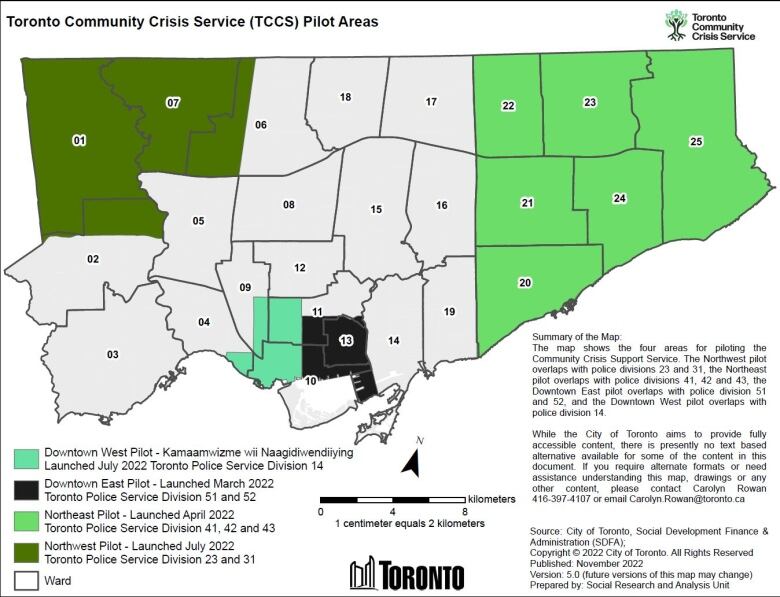 Map of Toronto showing Toronto Community Crisis Services in four regions of the city.