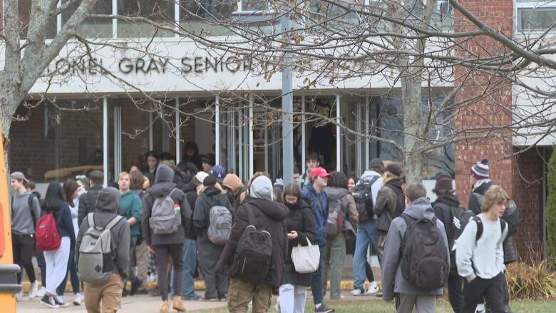 Students wearing winter clothes walk in and out of the doors of Colonel Gray Senior High in Charlottetown. Trees frame the foreground of the photo.