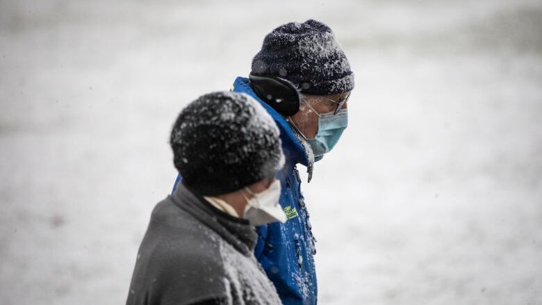 Two people wear masks and protective clothing in a snowy environment.