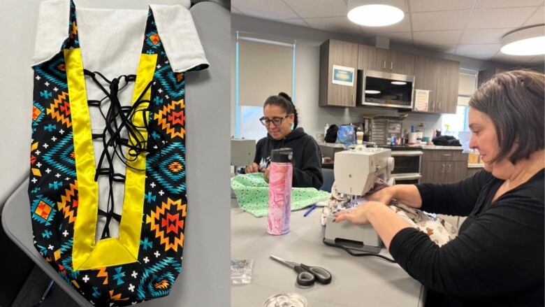 On the left is a multi-coloured, hand-made piece of swaddling cloth called a moss bag. On the right, two women sit at a table sewing. 