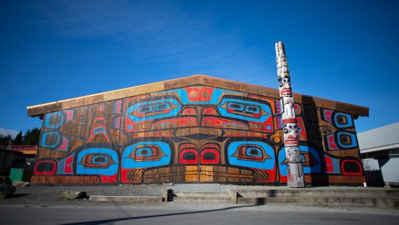 A large hall with Indigenous artwork next to a totem pole.