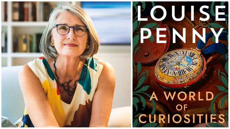 A composite of two photos. On the left, a portrait of a smiling woman with gray, chin-length hair, blue glasses and a multi-coloured sleeveless blouse, sitting on a white sofa in front of a bookshelf. On the right, a book cover with the image of an old-fashioned pocket watch. The words 