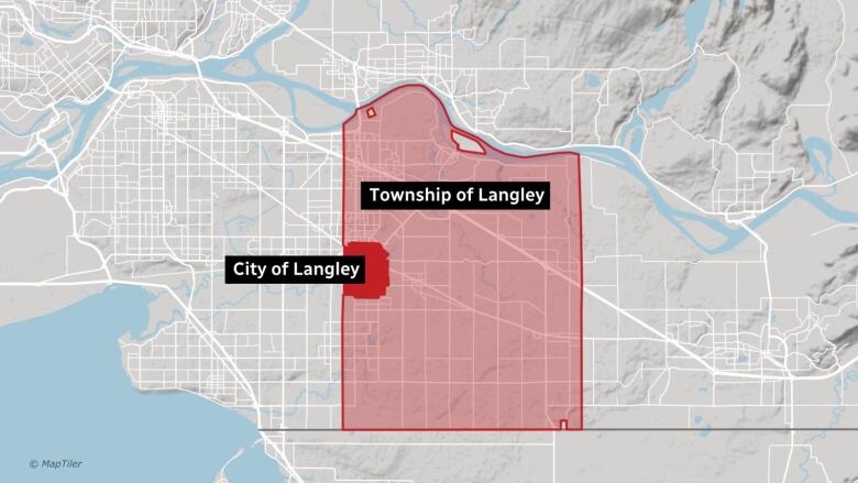 A map showing the different geographic areas of the City of Langley and the Township of Langley.