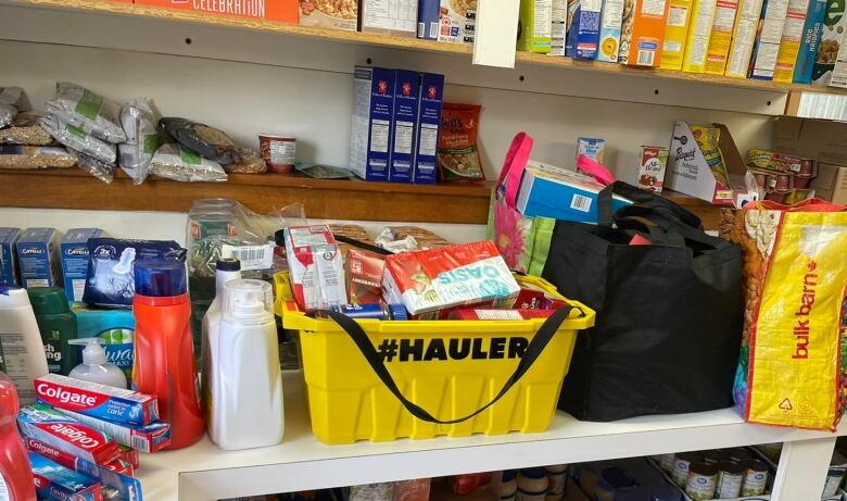 Food in bags on a shelf 