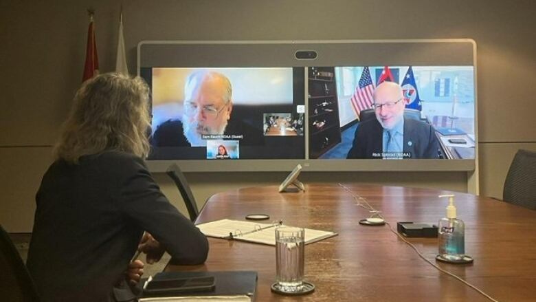 Federal Fisheries Minister Joyce Murray discusses Canadian concerns about the state of shared Atlantic mackerel stock in this Dec,2  virtual meeting with her US counterpart Richard Spinrad (right) administrator of the National Oceanographic and Atmospheric Administration.