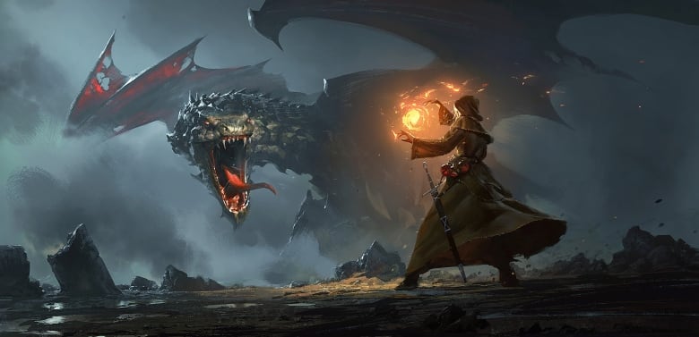 An illustration of a man in long robes wielding a magical ball of fare, facing a massive dragon with teeth bared. 