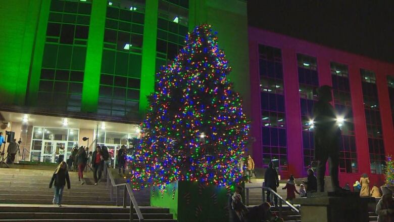 A giant lit up Christmas tree outside a building at night.