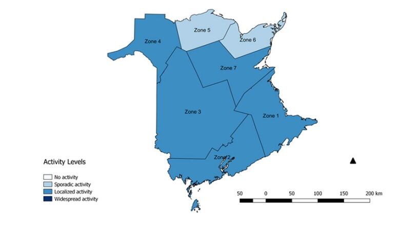 A map of New Brunswick divided by health zones, with each zone a different colour of blue, depending on the flu activity level.