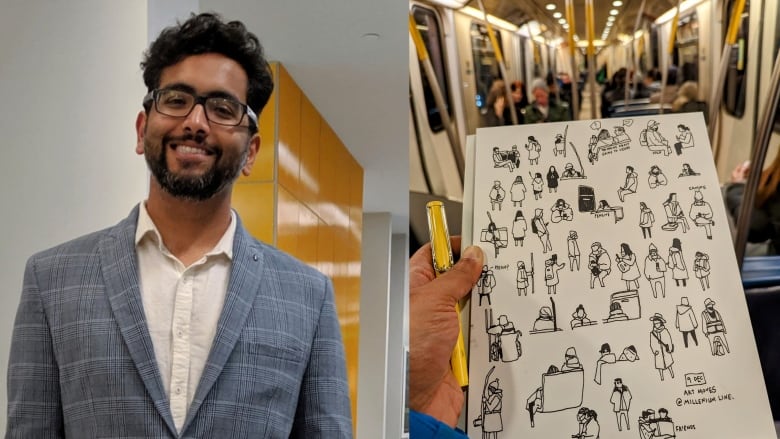 Two images are aligned side by side. On the left is a picture of the artist from the waist up, and he is a young man wearing glasses, a grey blazer and a big smile. On the right is an image of a notebook with multiple sketches on the page all of people riding a city bus.