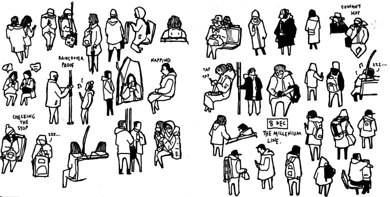 A sketchbook image shows multiple doodles of people on a Vancouver SkyTrain.